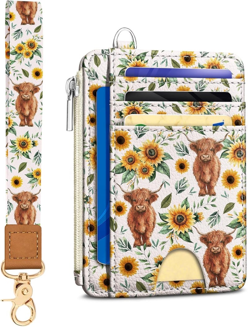 Kelvoris Highland Cow Slim Wallet Women Credit Card Holder, Sunflower Small RFID Blocking Wallet Woman Wristlet Keychain with Zipper Coin Pocket, Front Pocket Thin Travel Wrist Card Case Ladies Gifts - Image 1